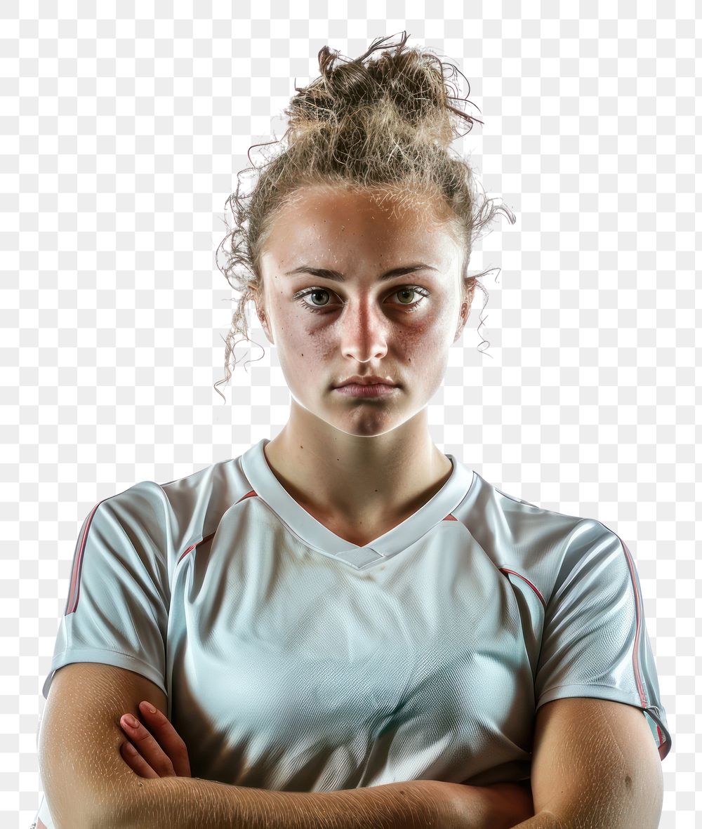 PNG Portrait of young female soccer player with soccer ball standing portrait photography white