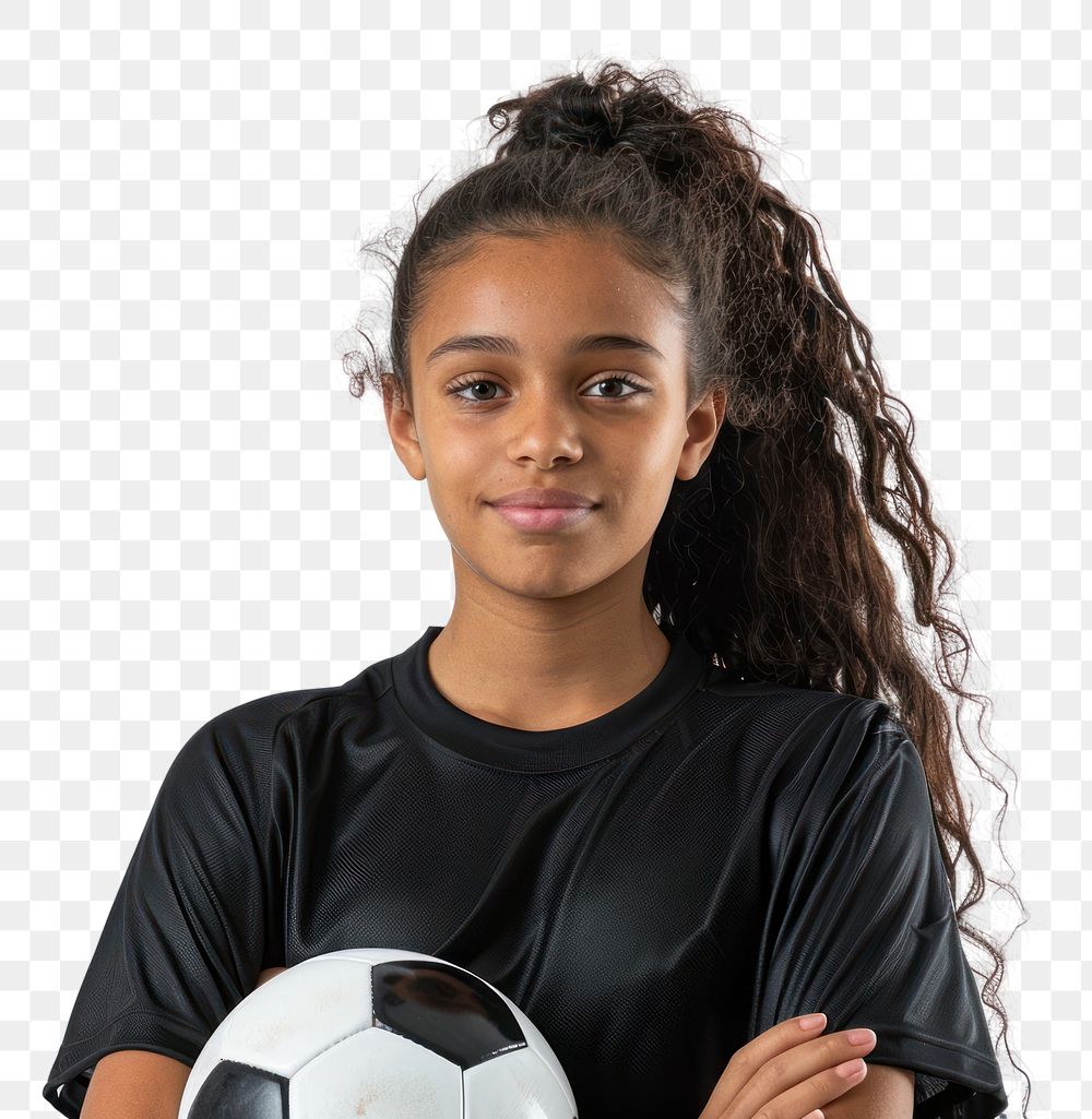 PNG Portrait of young female soccer player with soccer ball standing portrait photography football.