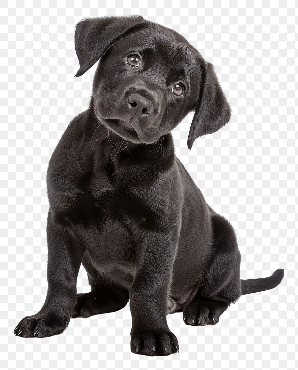 PNG Black baby Labrador sits and listens with his head tilted straight animal mammal puppy.