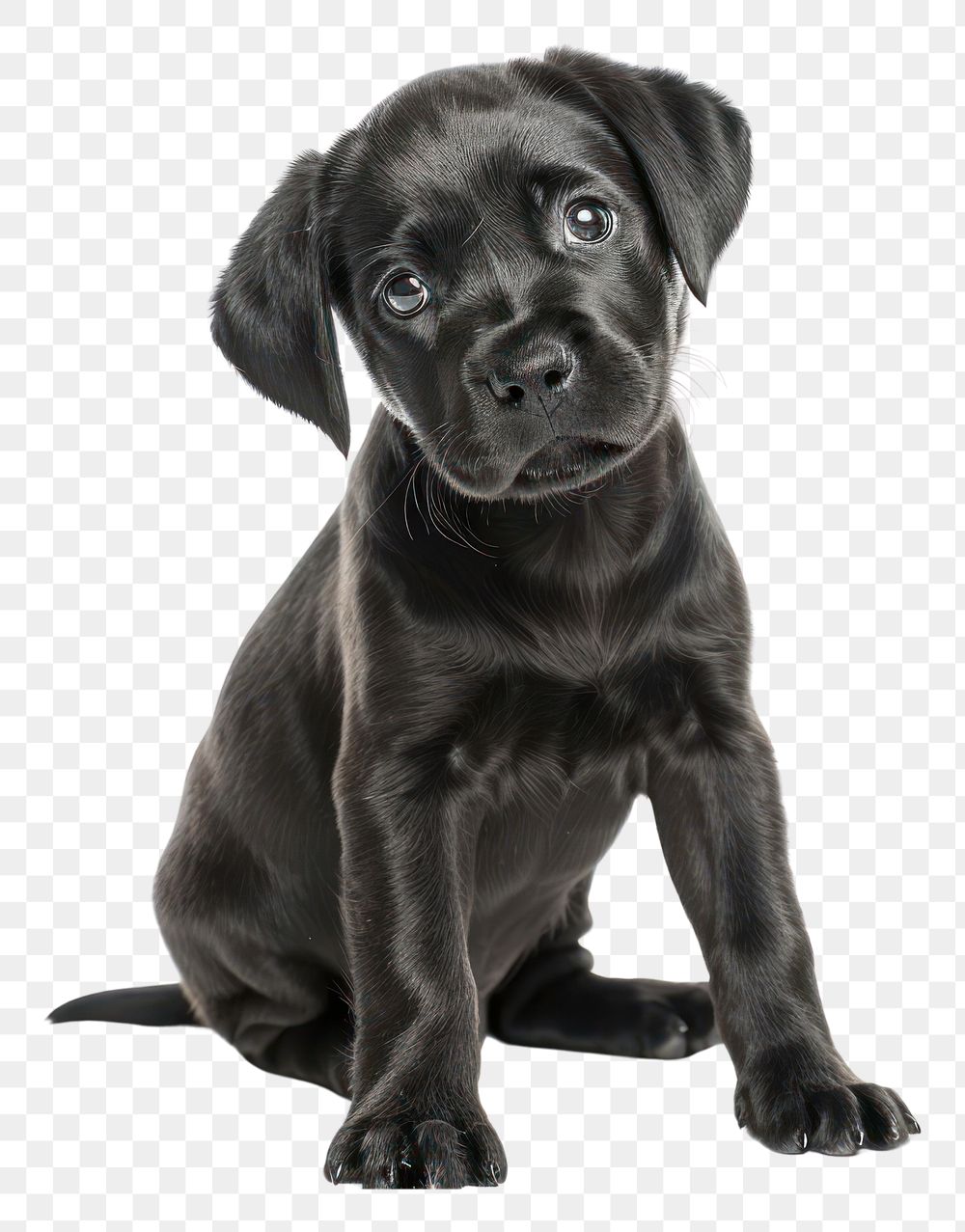 PNG Black baby Labrador sits and listens with his head tilted straight animal mammal puppy.
