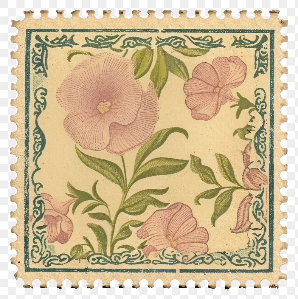 PNG  Vintage postage stamp flower pattern paper.