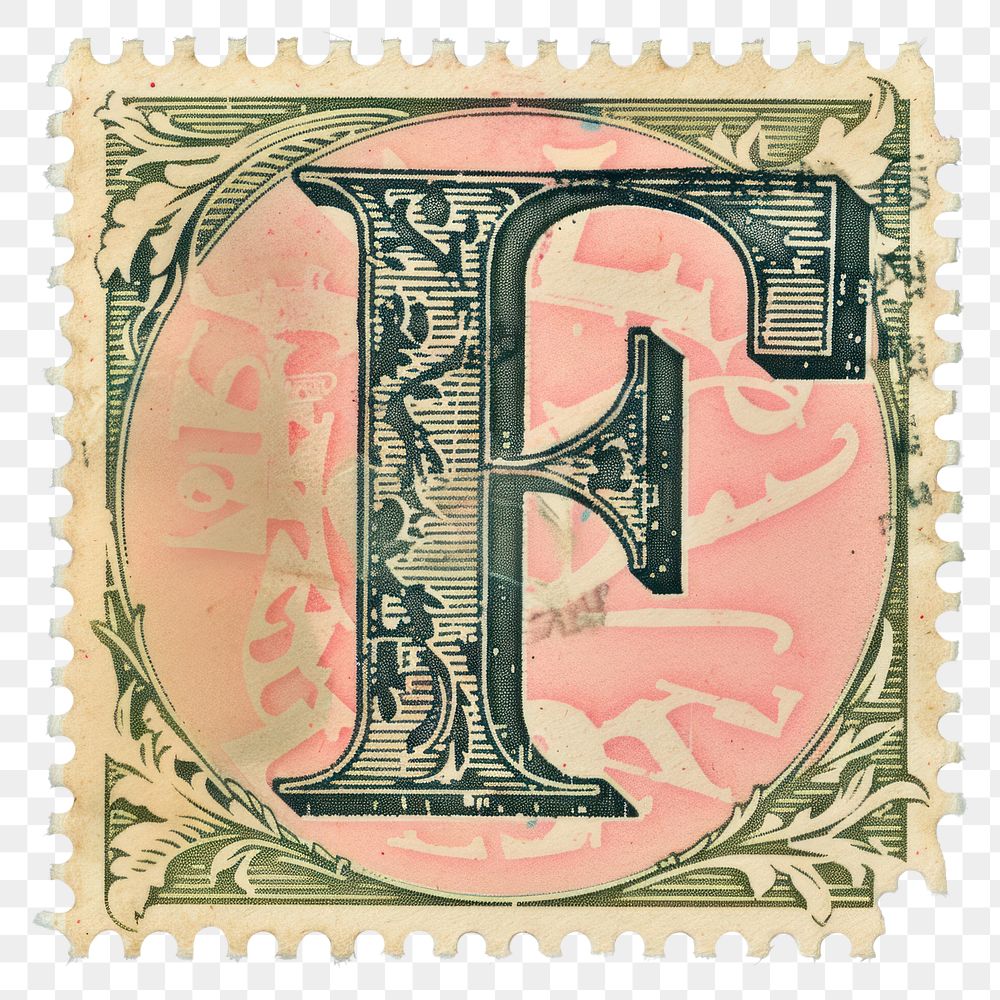 PNG  Stamp with alphabet F font calligraphy currency.