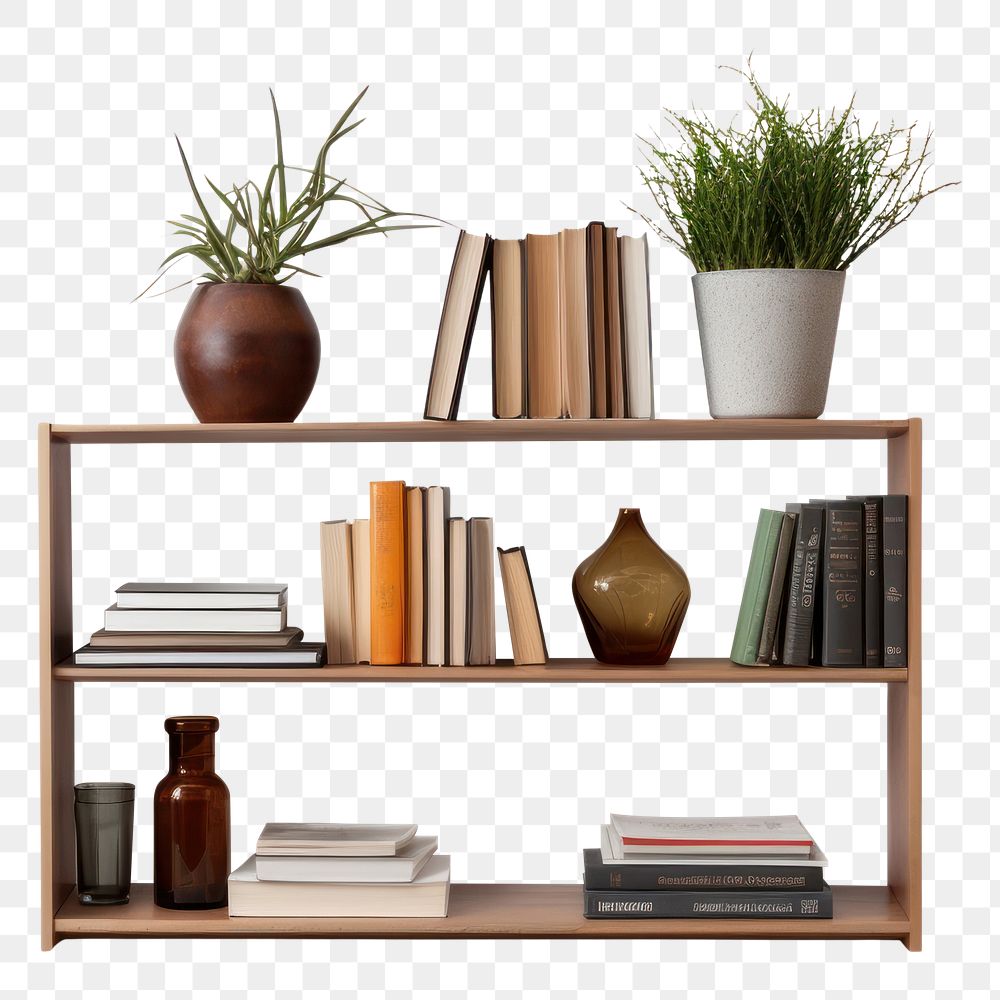 PNG Minimal bookshelf furniture bookcase plant.