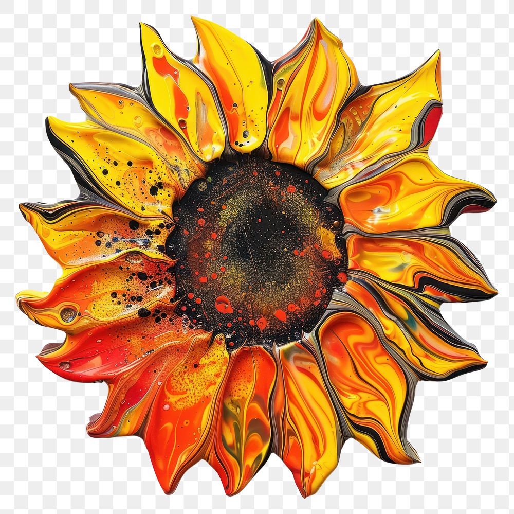 Acrylic pouring paint sunflower plant shape art.