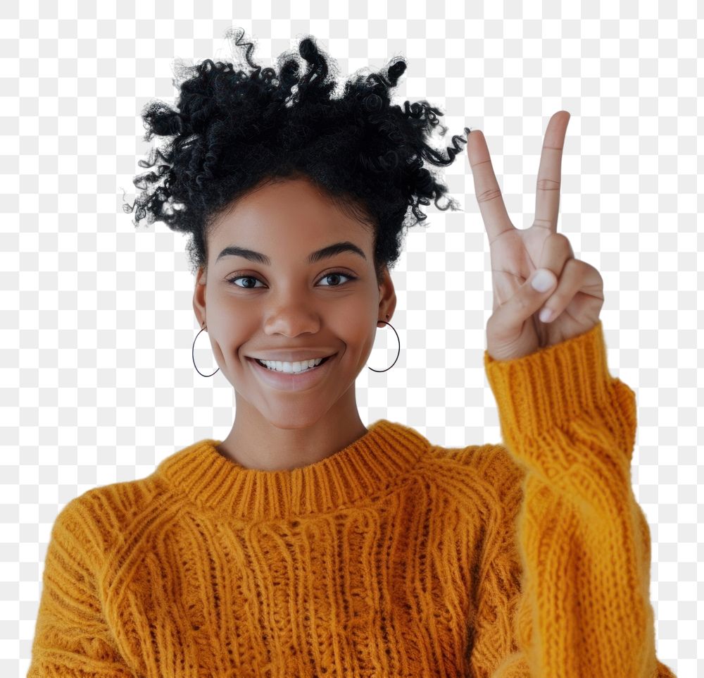 PNG Person making a peace sign cheerful portrait sweater.