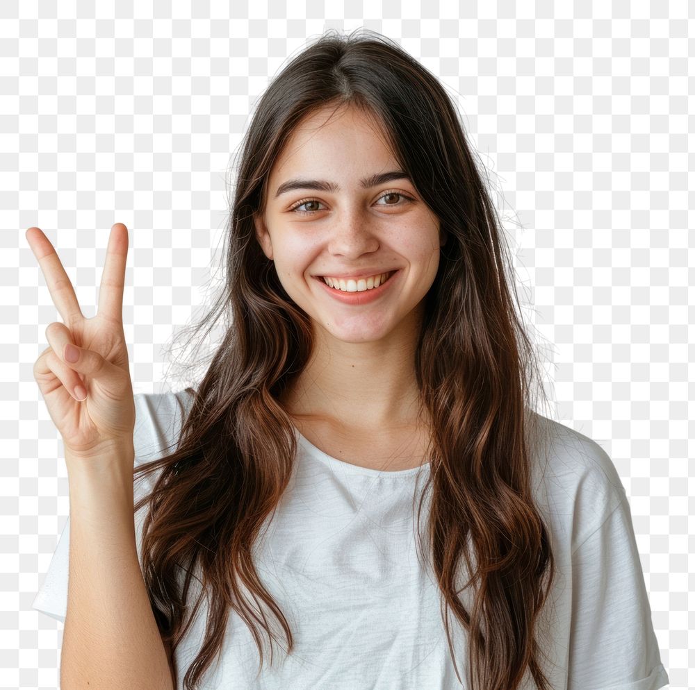 PNG Person making a peace sign cheerful portrait finger