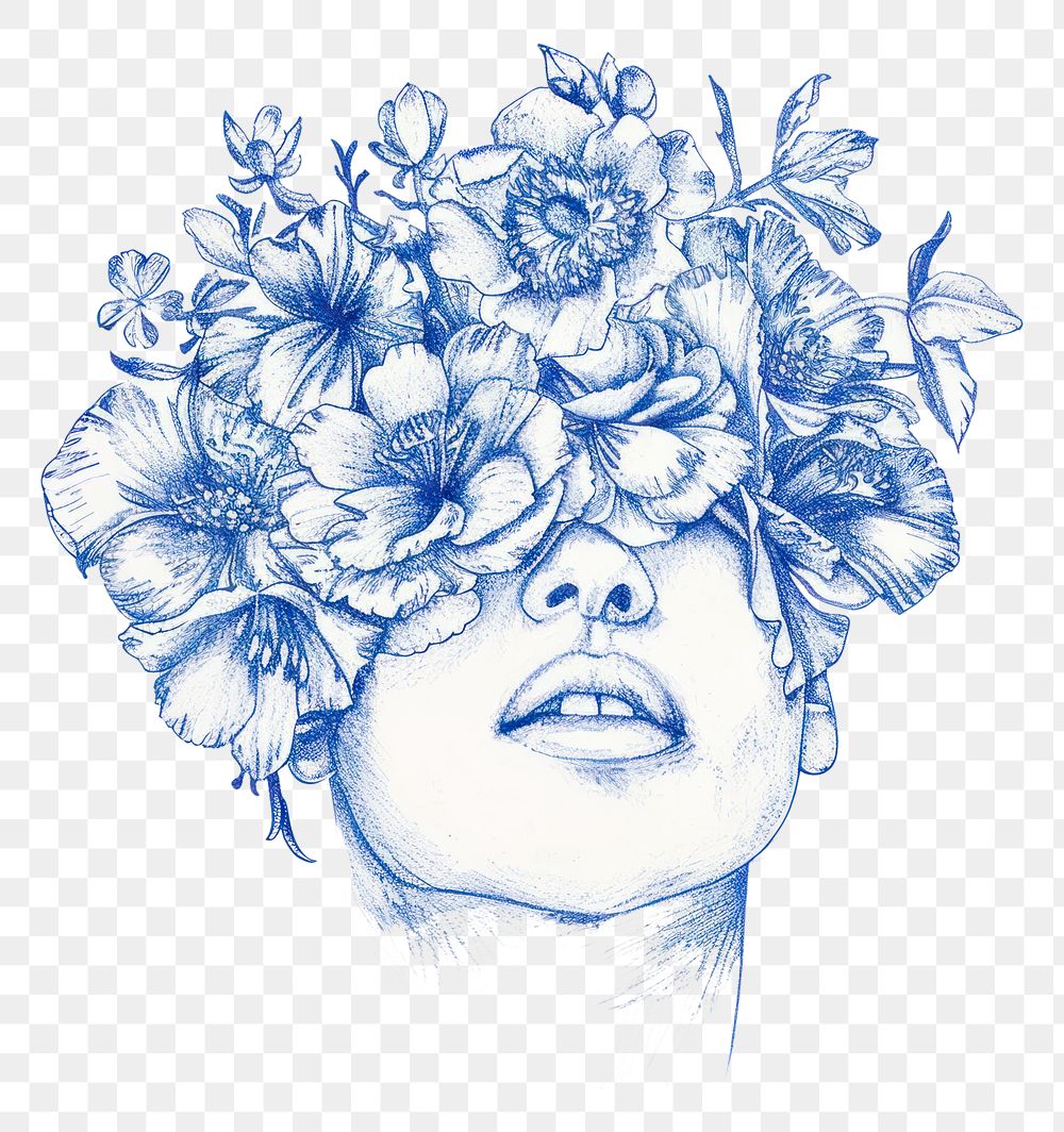 PNG Vintage drawing woman flowers over head sketch blue art.