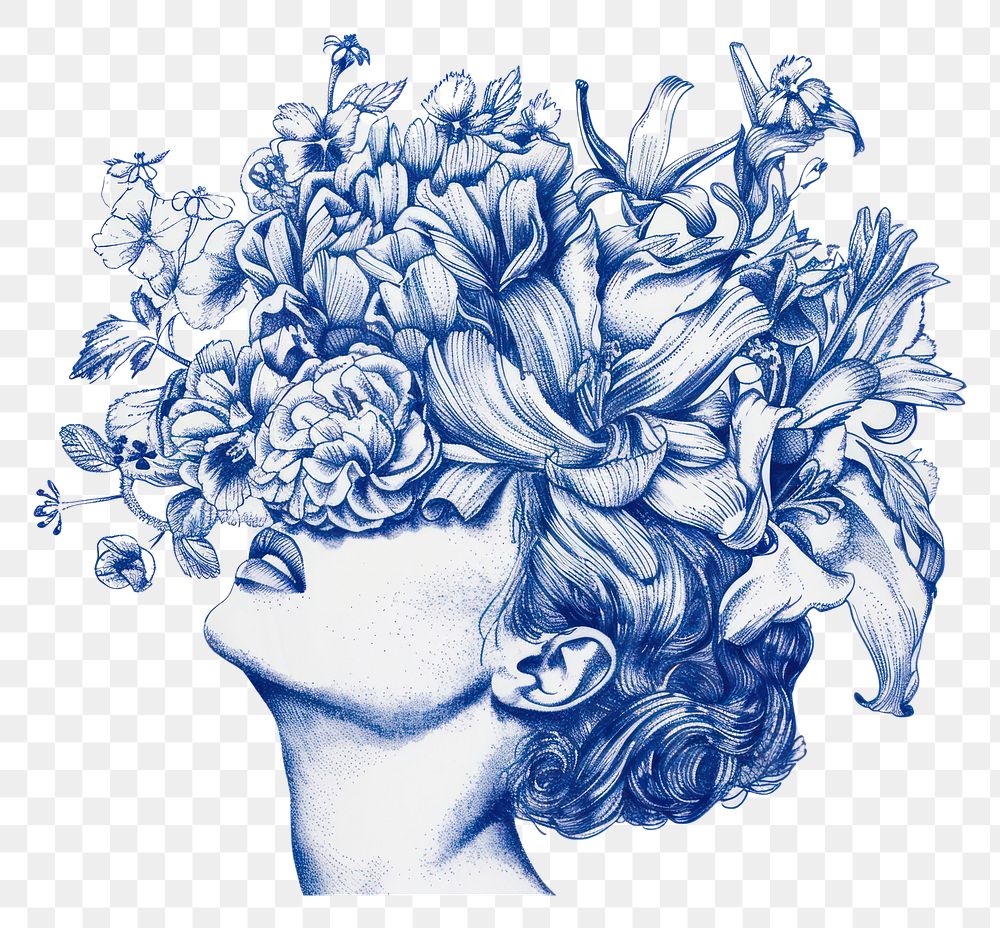 PNG Vintage drawing woman flowers over head sketch blue art