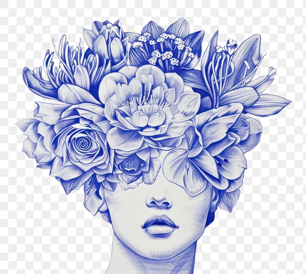 PNG Vintage drawing woman flowers over head sketch adult blue