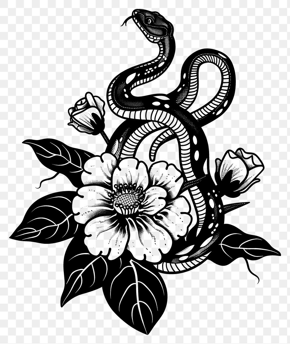 PNG Snake with Flower pattern drawing sketch.