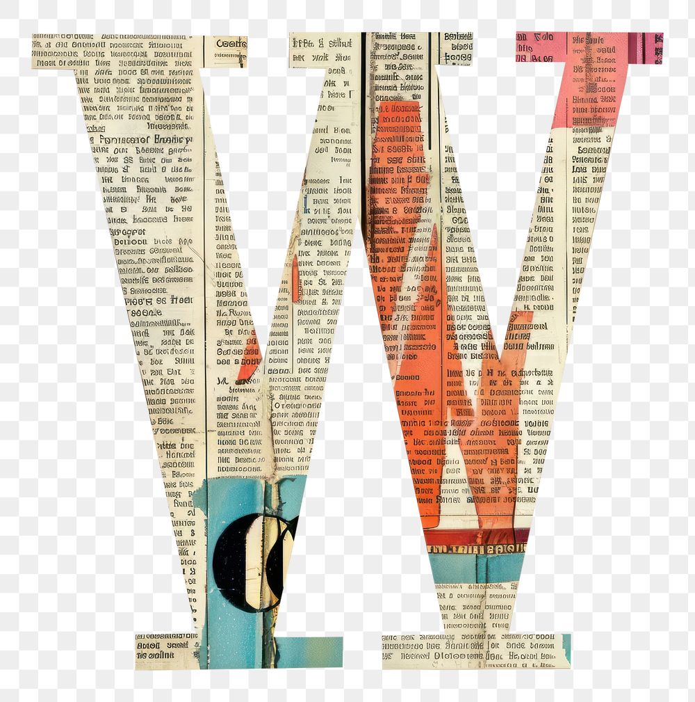 Magazine paper letter W number text art.