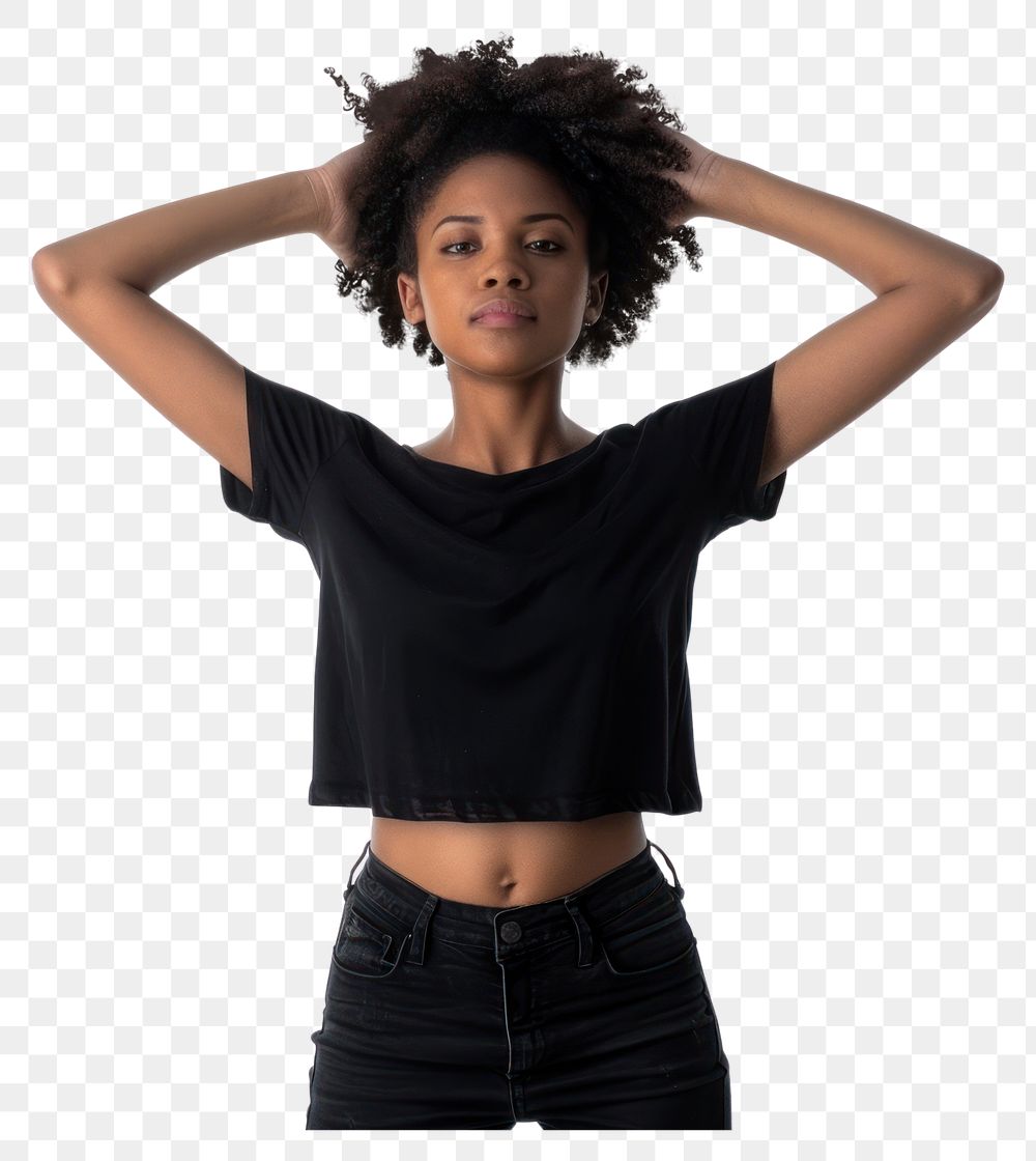 PNG Black young adult woman raising hands portrait t-shirt sleeve.