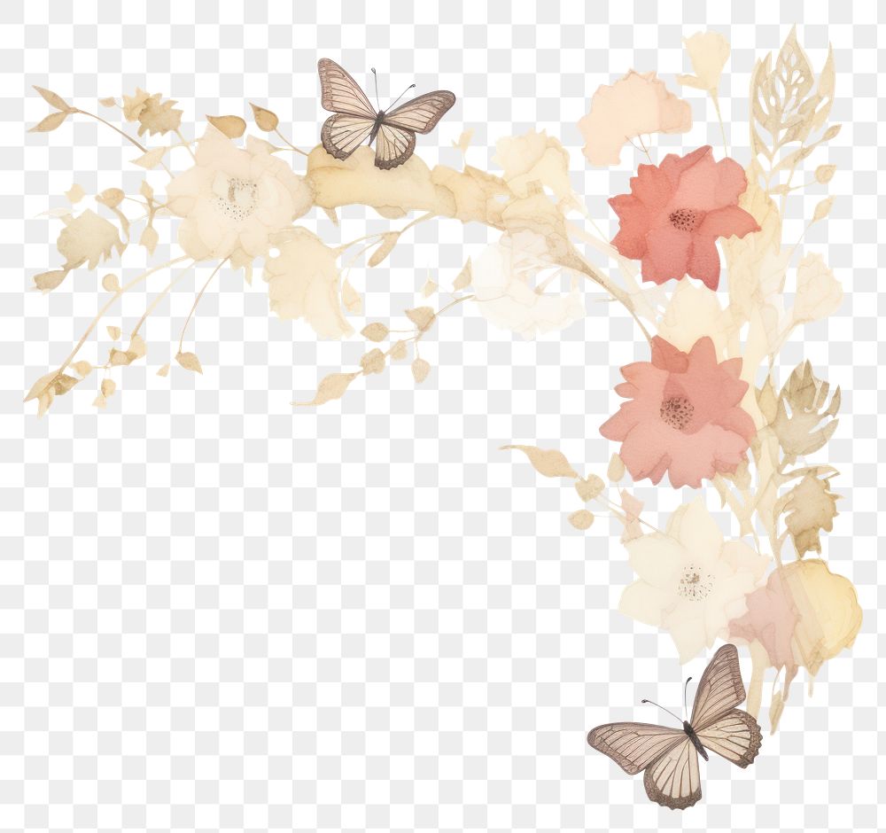 PNG Butterfly flowers ripped paper pattern plant white background.