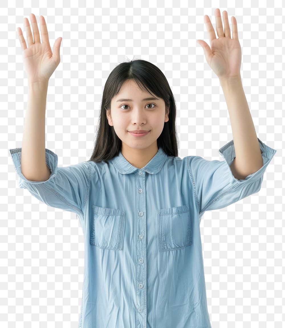 PNG Japanese young adult woman raising hands portrait sleeve photo.