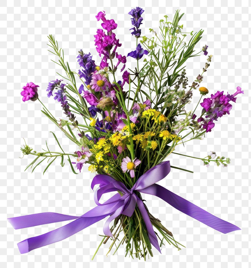 PNG Wildflowers bouquet purple lavender ribbon