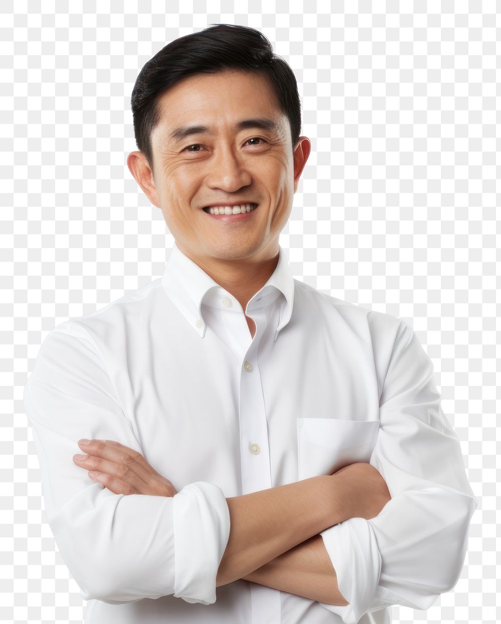 PNG Smile and Asian man with arms crossed adult shirt white background.