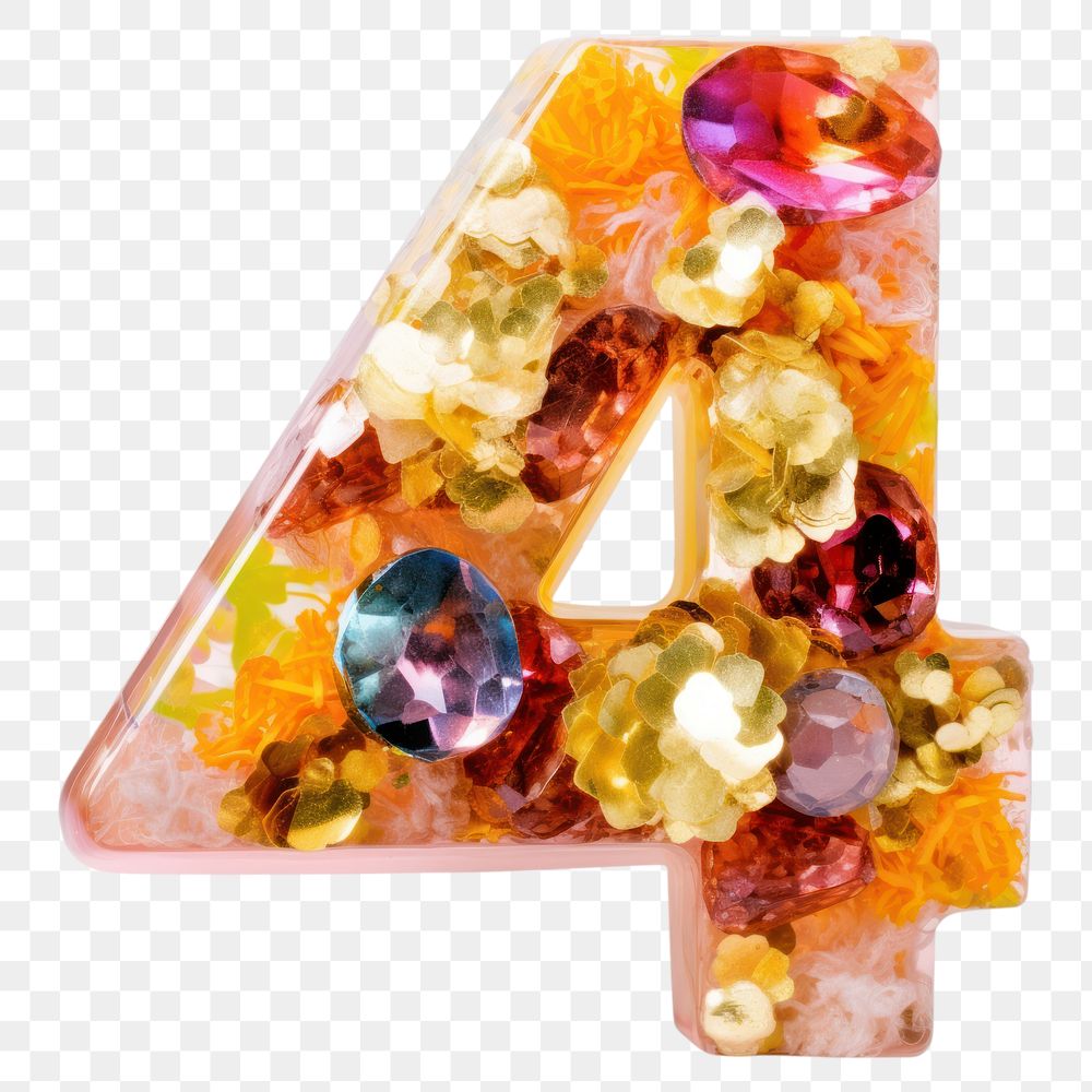 PNG Glitter number letter 4 gemstone jewelry white background.