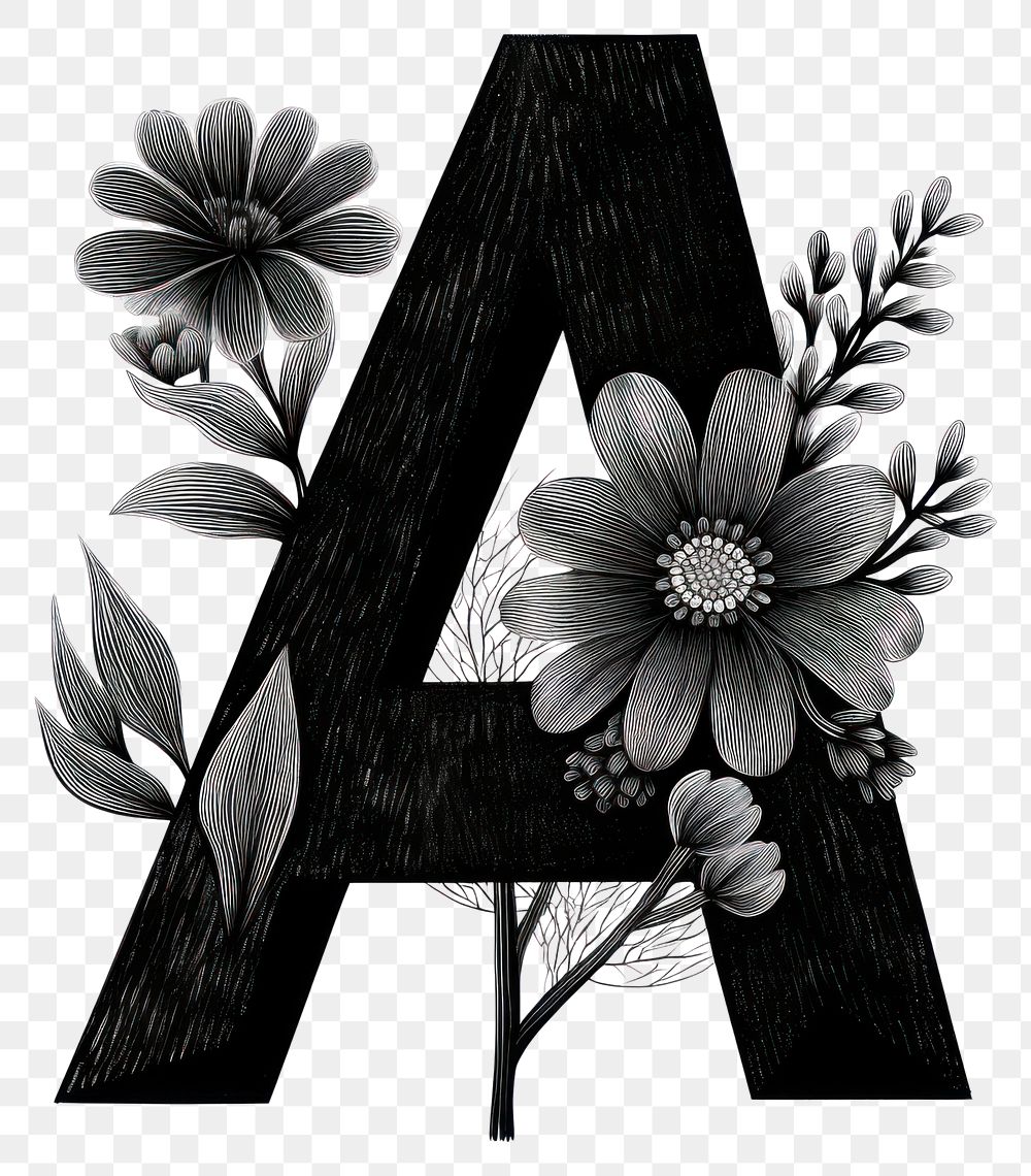PNG Alphabet A flower white black.