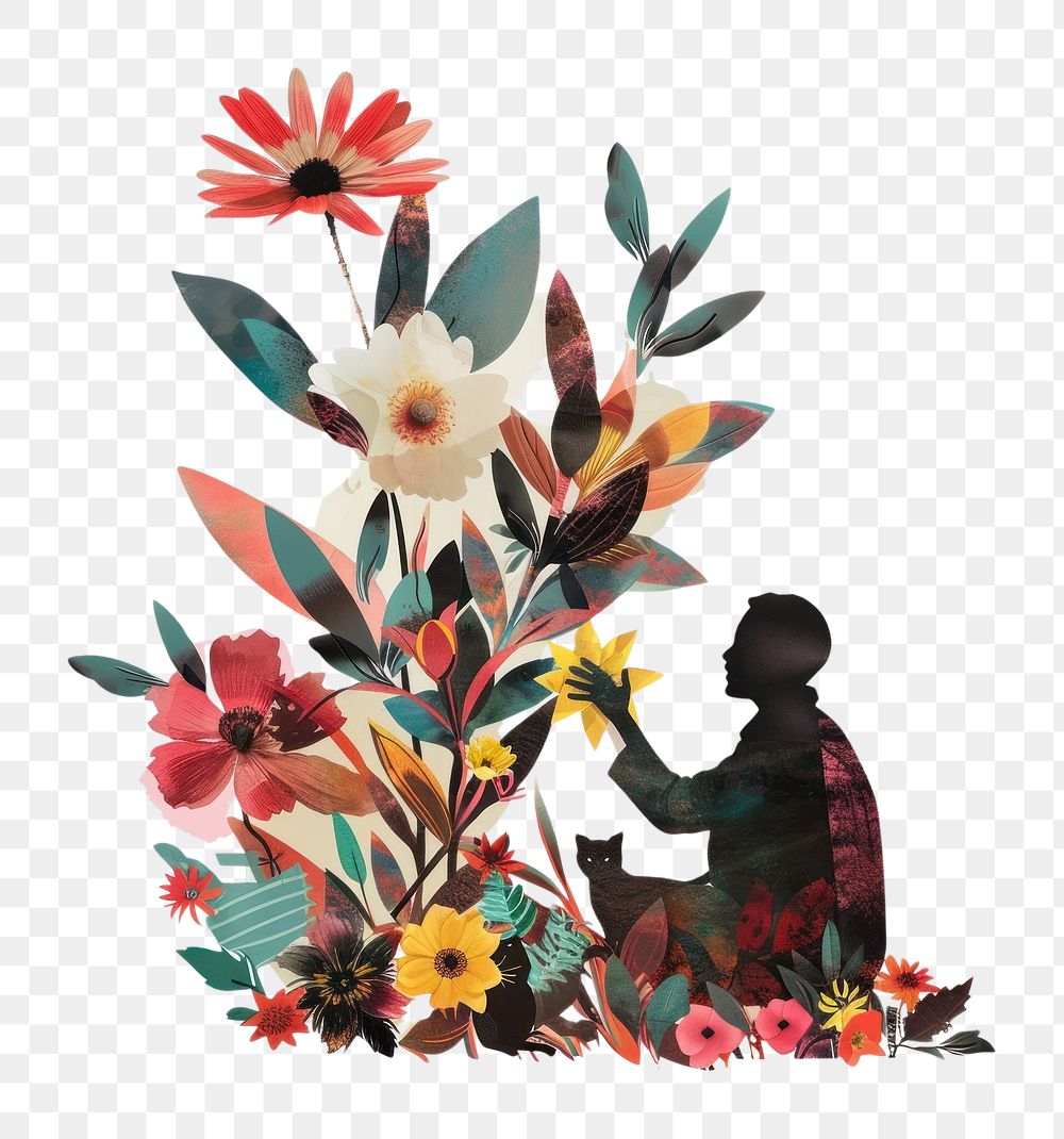 PNG Person playing with a cat pattern collage flower.