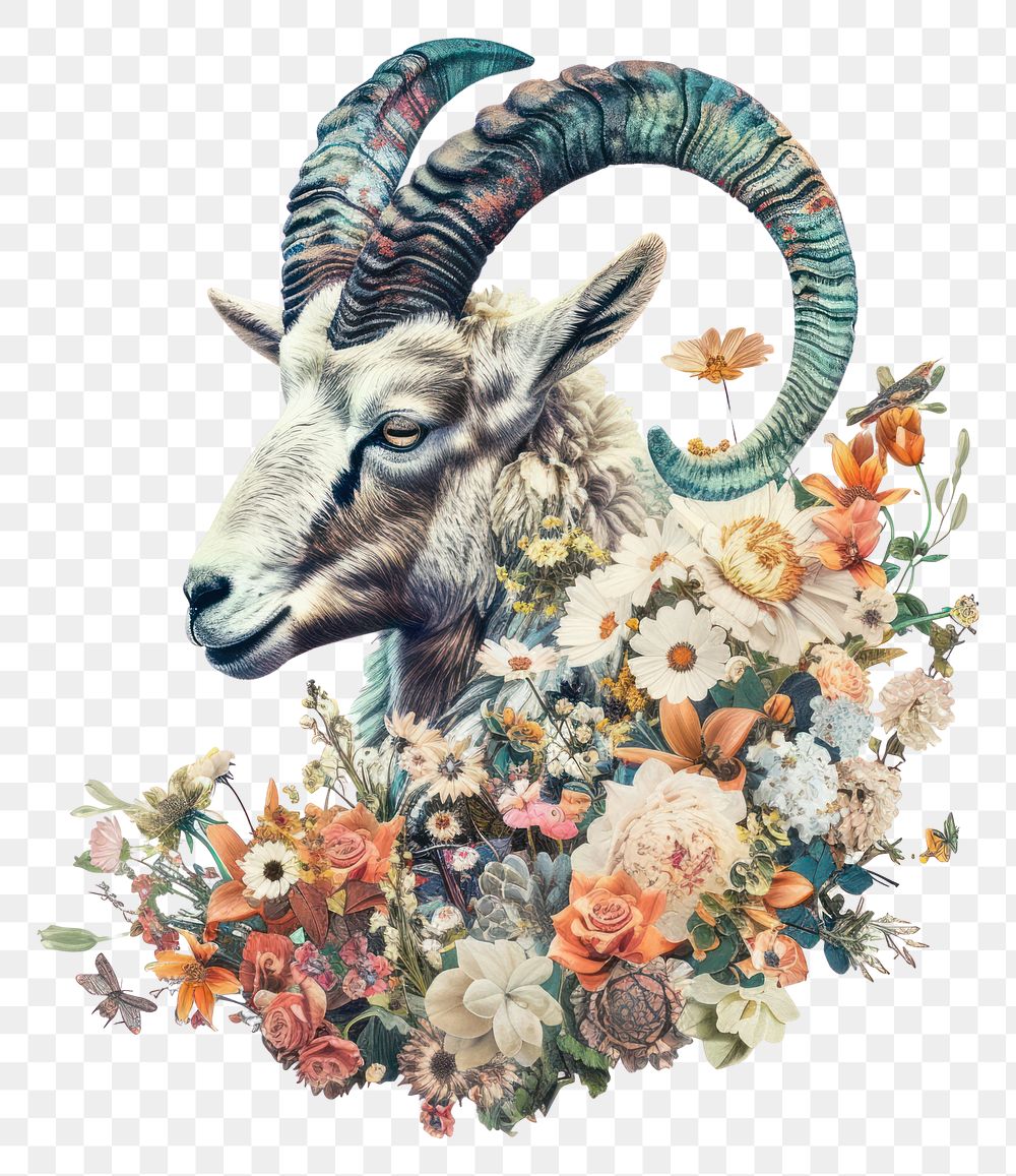 PNG  Flower Collage Capricorn Zodiac goat livestock antelope.