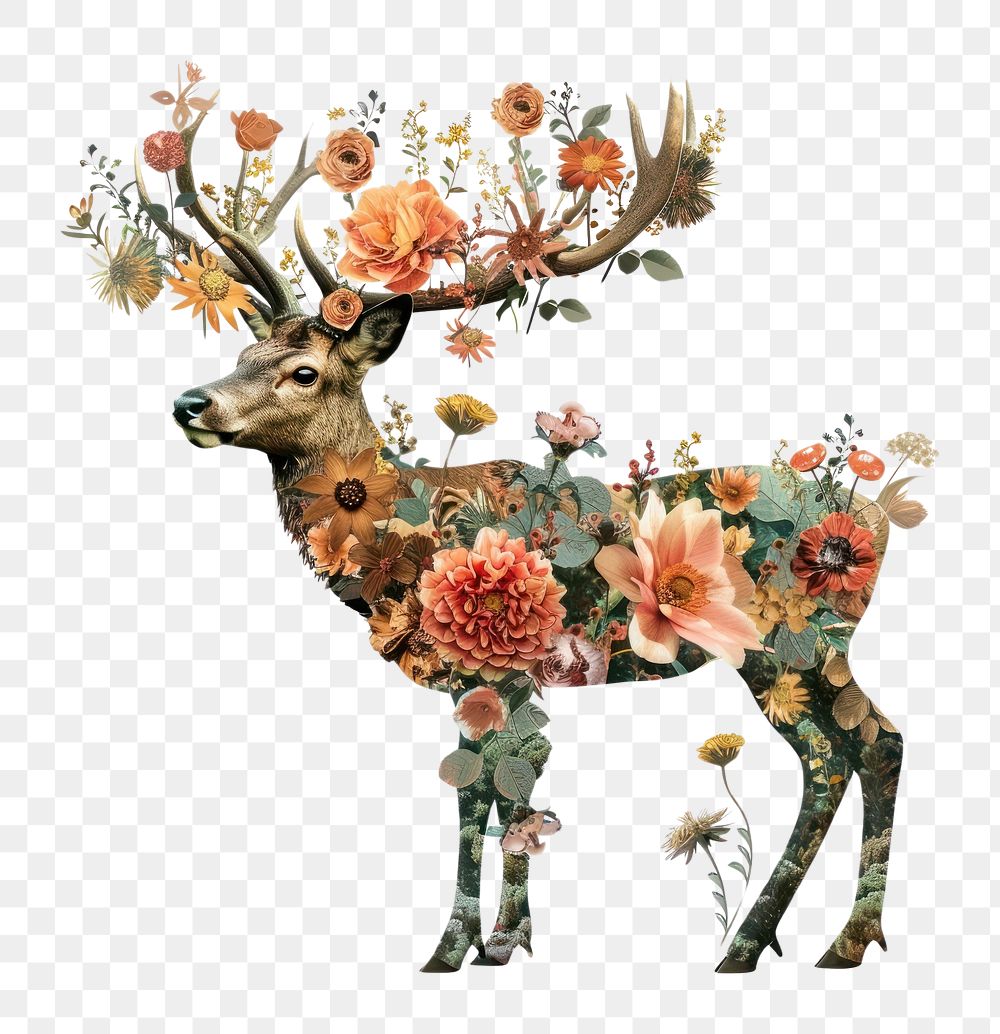 PNG Flower Collage Reindeer wildlife animal mammal.