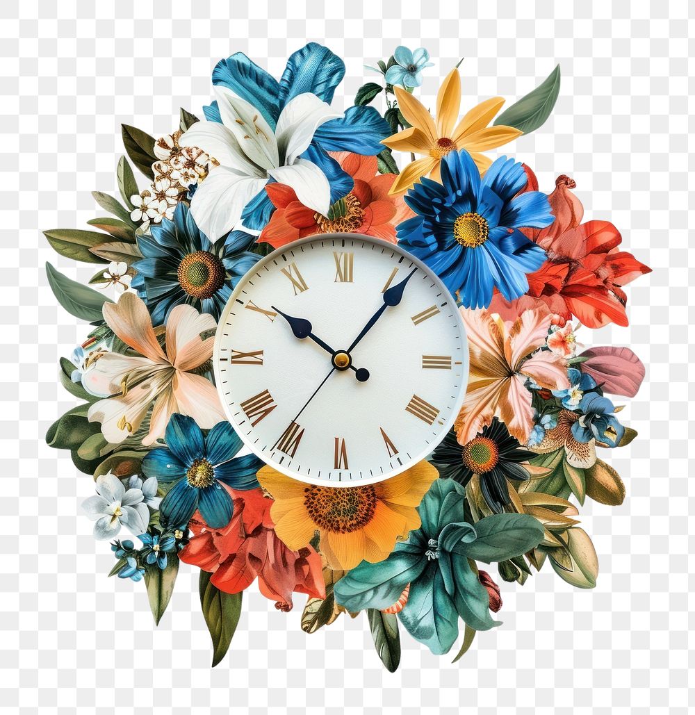 PNG Flower Collage clock Home decor architecture building tower.