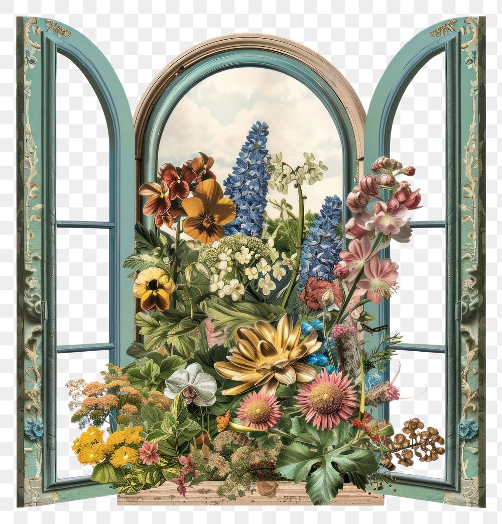 PNG  Flower Collage window pattern flower painting.