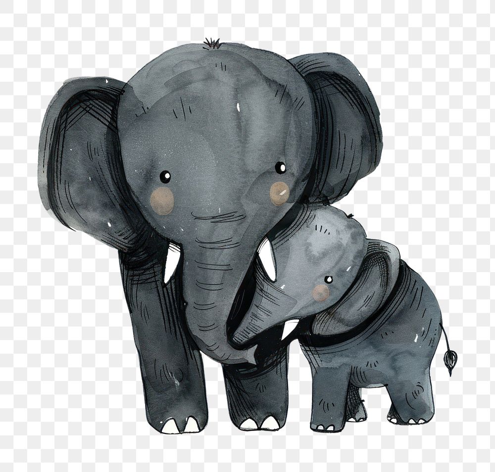 PNG Fun illustration cute elephant with baby wildlife animal mammal.