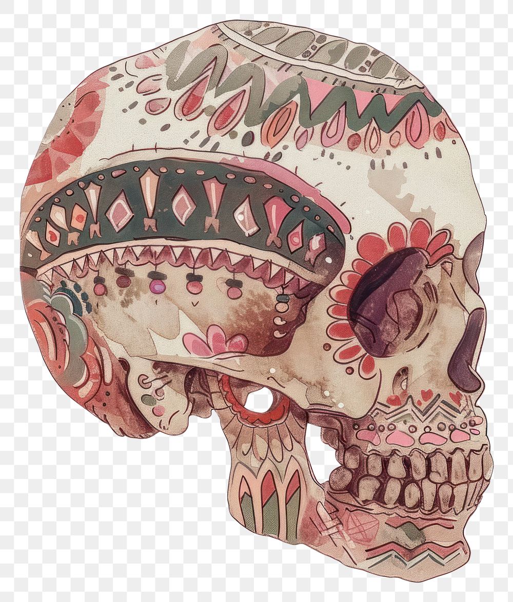 PNG Aesthetic skull in boho art illustrated clothing.