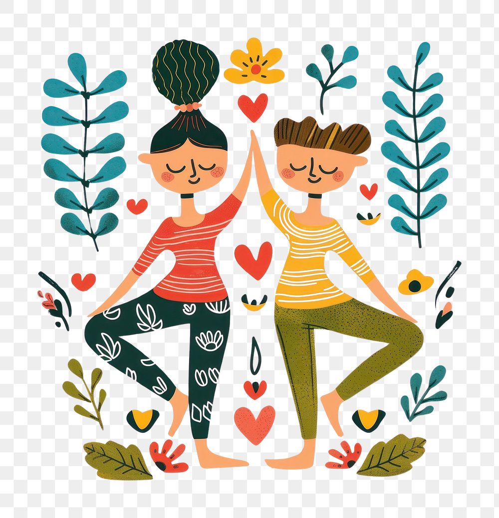 PNG Couples yoga boho naive funky art illustrated graphics.