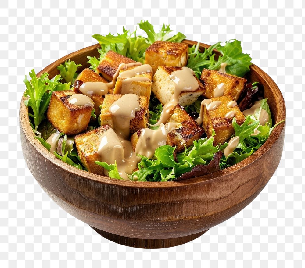 PNG  A salad bowl with tofu and salad dressing lunch food meal.