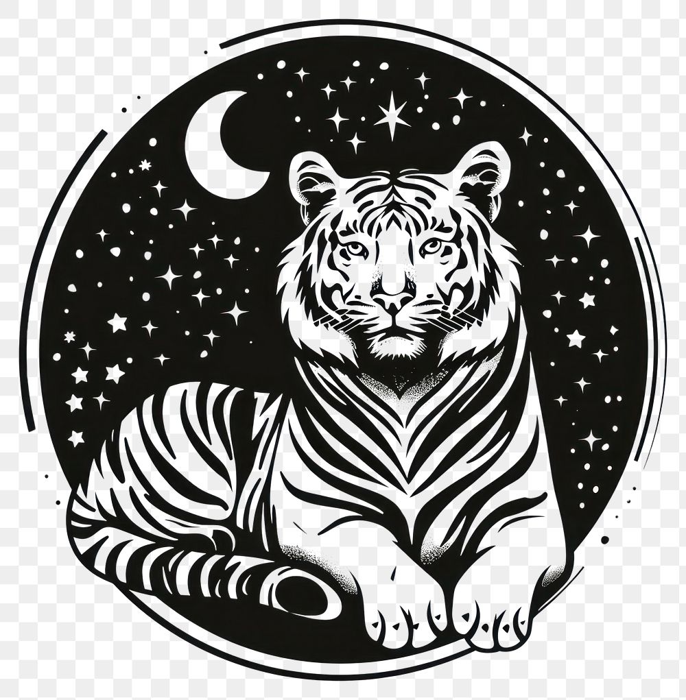 PNG Surreal aesthetic tiger logo blackboard wildlife stencil.