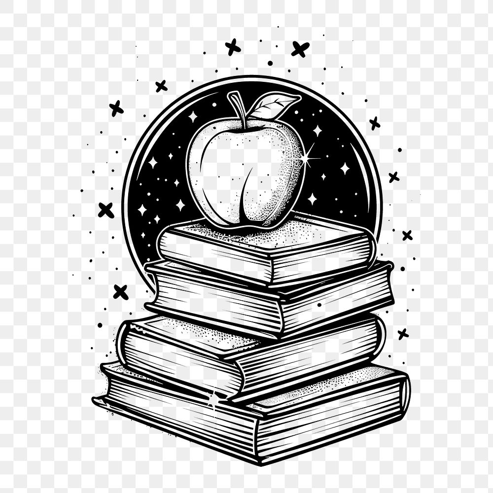PNG Surreal aesthetic apple on a pile of books logo art publication illustrated.