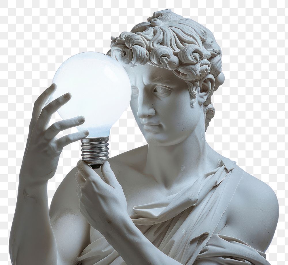 PNG  Greek sculpture holding light bulb statue lightbulb person