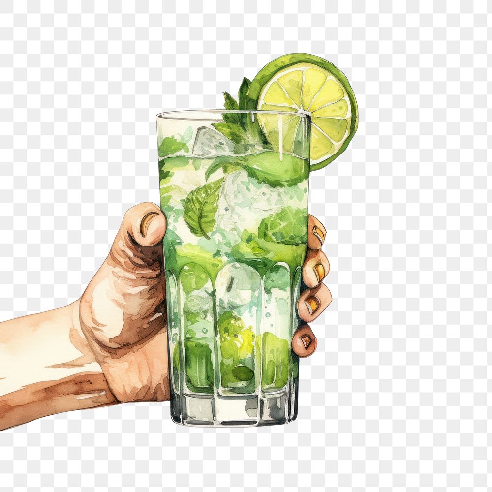 PNG Hand hold mojito cocktail watercolor with difference design glass fruit drink herbs.