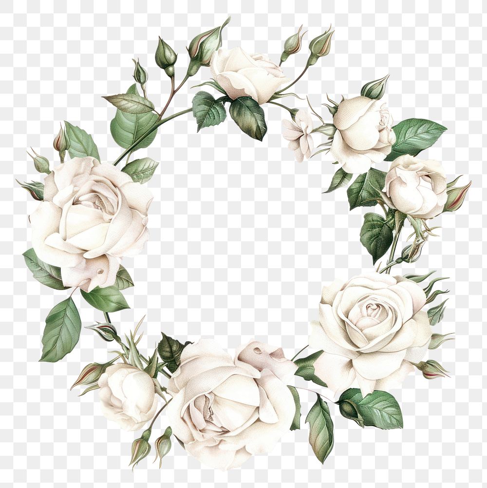 PNG White rose circle frame watercolor pattern flower wreath.