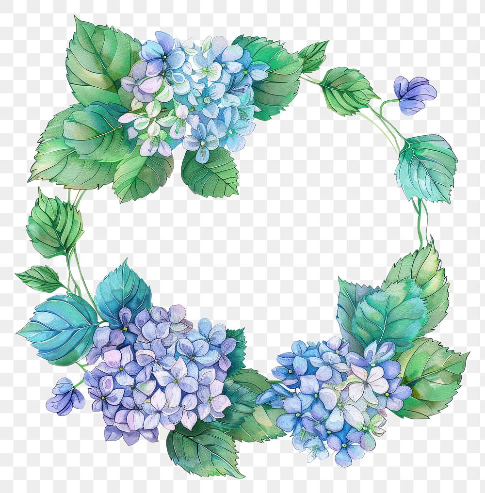 PNG Hydrangea circle frame watercolor wreath pattern flower.
