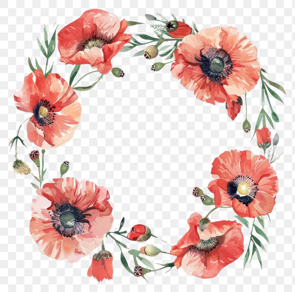 PNG Poppy circle frame watercolor pattern flower wreath.