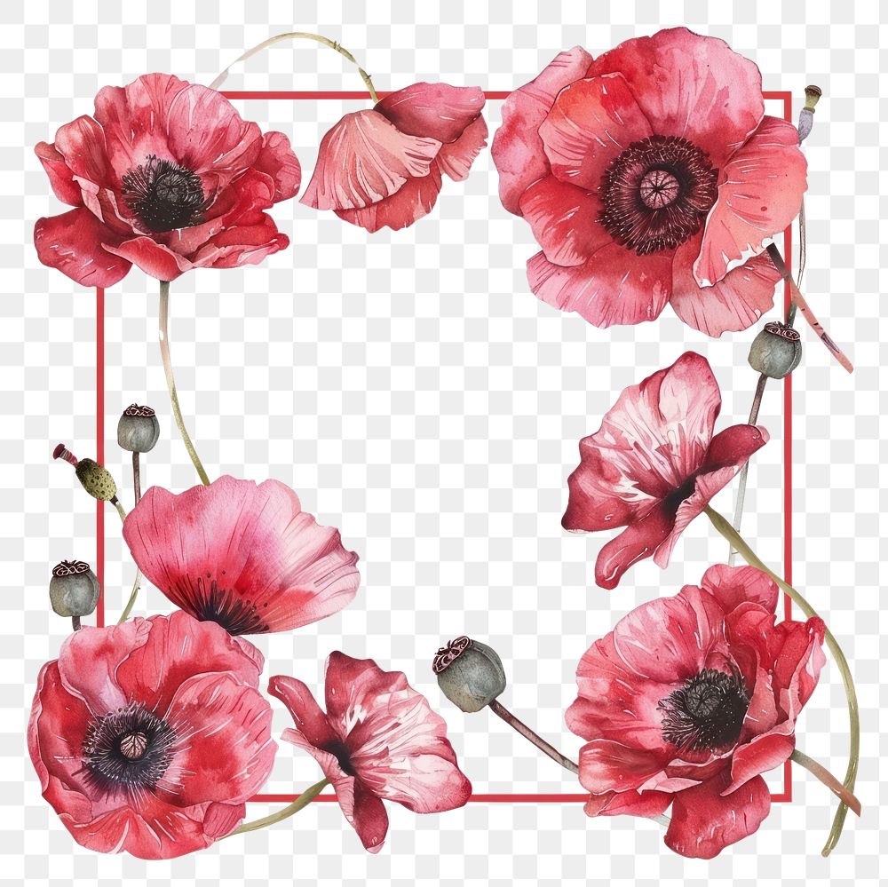 PNG Poppy square frame watercolor flower plant white background.
