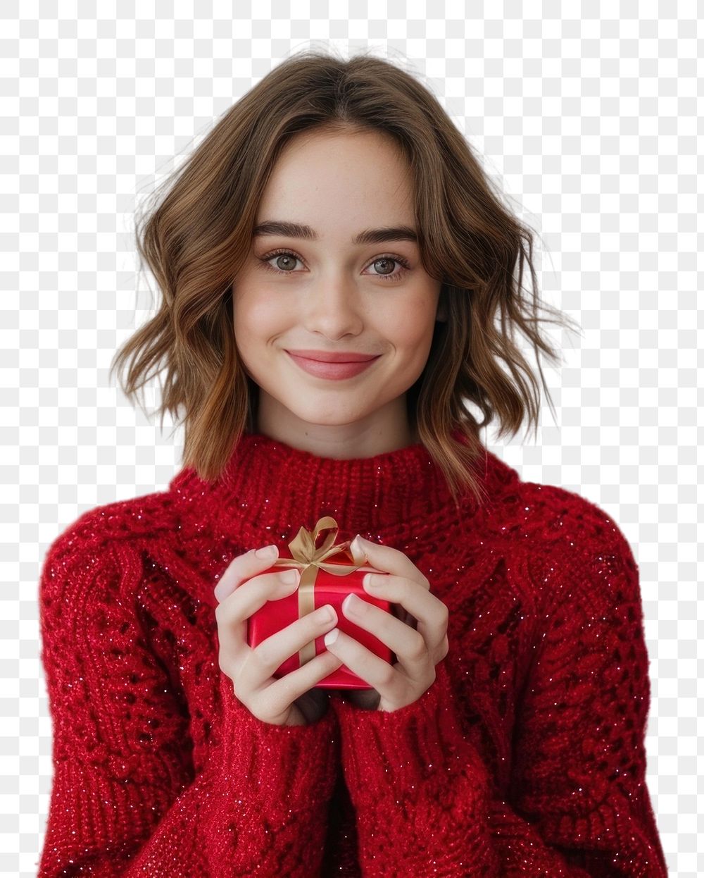 PNG Girl holding a xmas gift sweater photo studio shot.
