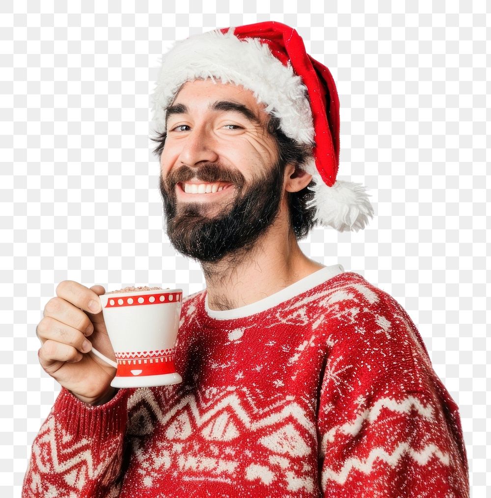 PNG Happy man in xmas costume drinking hot chocolate coffee adult cup.