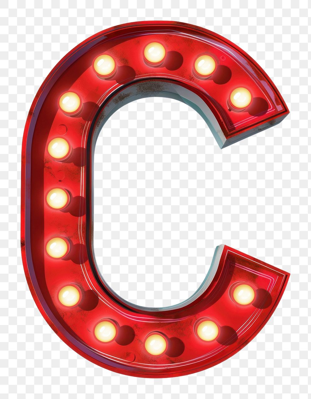 Theater sign letter C red white background illuminated.