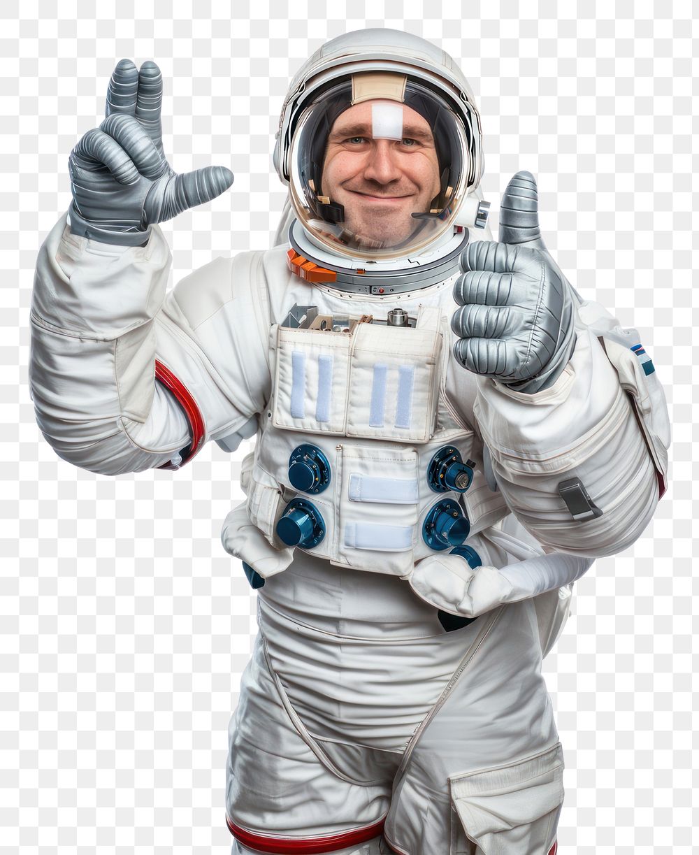 PNG Full body astronaut suit and helmet make a gesture happy white background protection happiness.