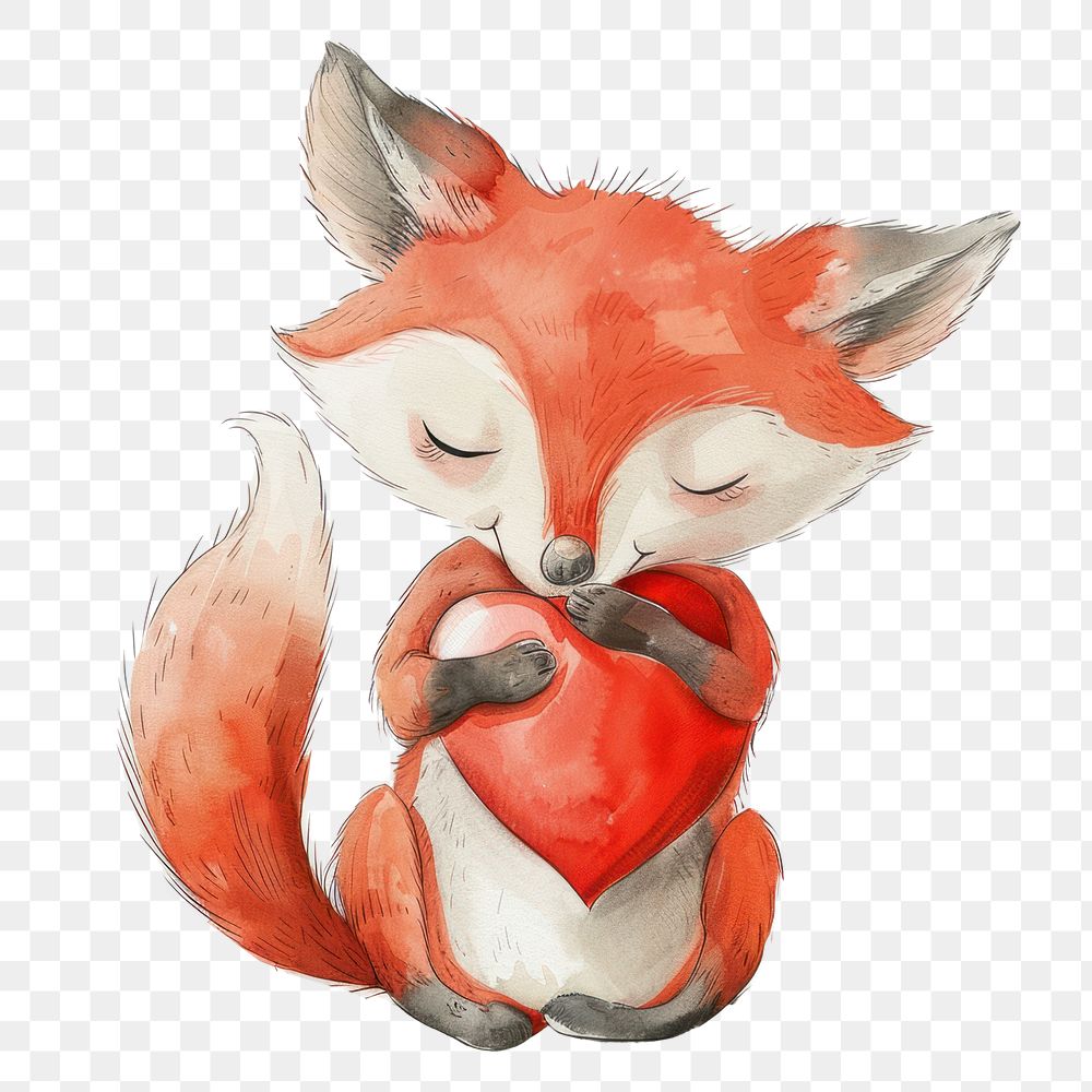 PNG Fox hugging heart baby illustrated painting.