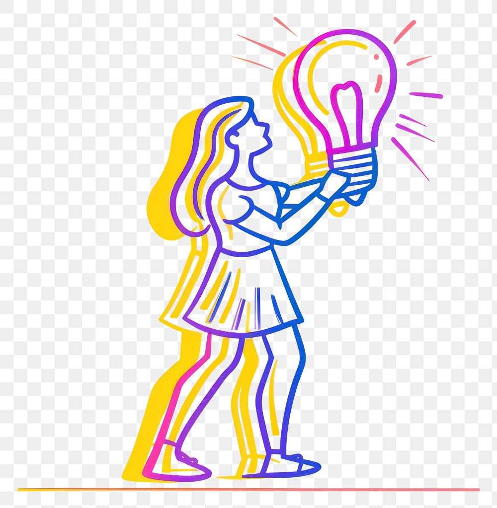 PNG Woman holding big lightbulb drawing sketch line.