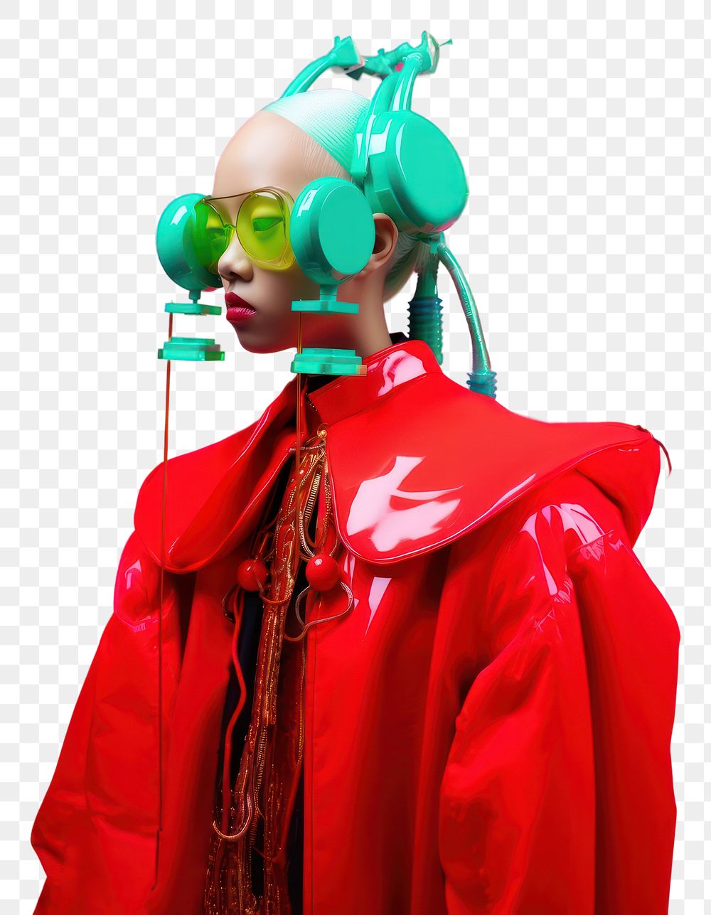 PNG  Fashion photography representing of futuristic cybernatic clothing portrait balloon.