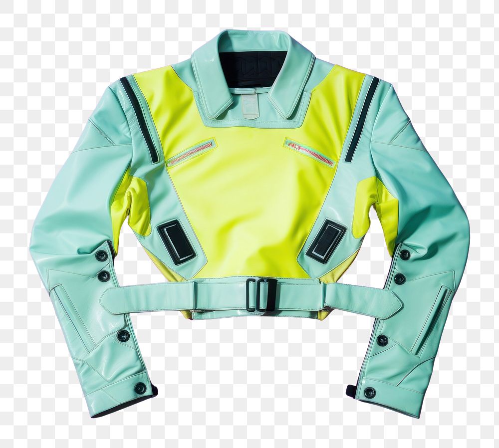 PNG  Flat lay photo of cyberpunk jacket lifejacket clothing apparel.