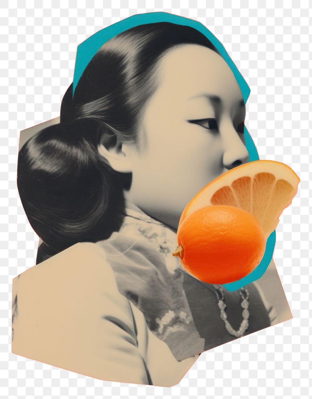 PNG  Mixed media collage art represent of traditional chinese cultural photography grapefruit portrait.