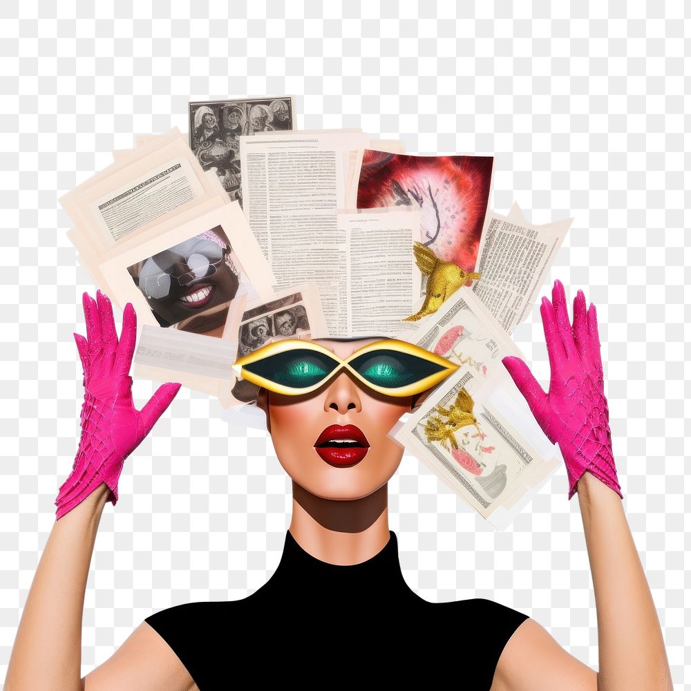 PNG  Symbolic mixed collage graphic element representing of drag queen advertisement photography accessories.