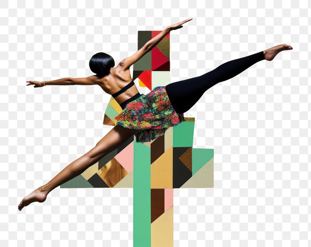 PNG  Symbolic mixed collage graphic element representing of drag do High Kick pose recreation acrobatic clothing.